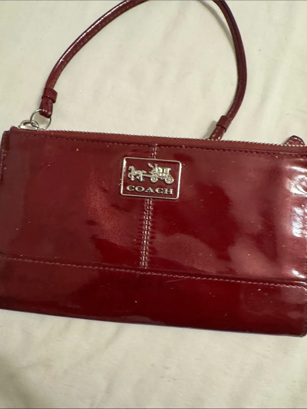 Coach Red Patent Leather Wristlet with Logo Plaque